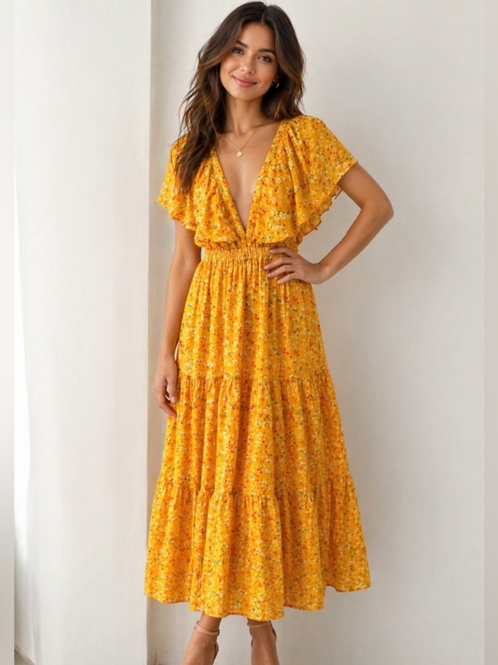 Buddy Love Flutter Sleeve Yellow Spring Resort Maxi Dress - Small NWT